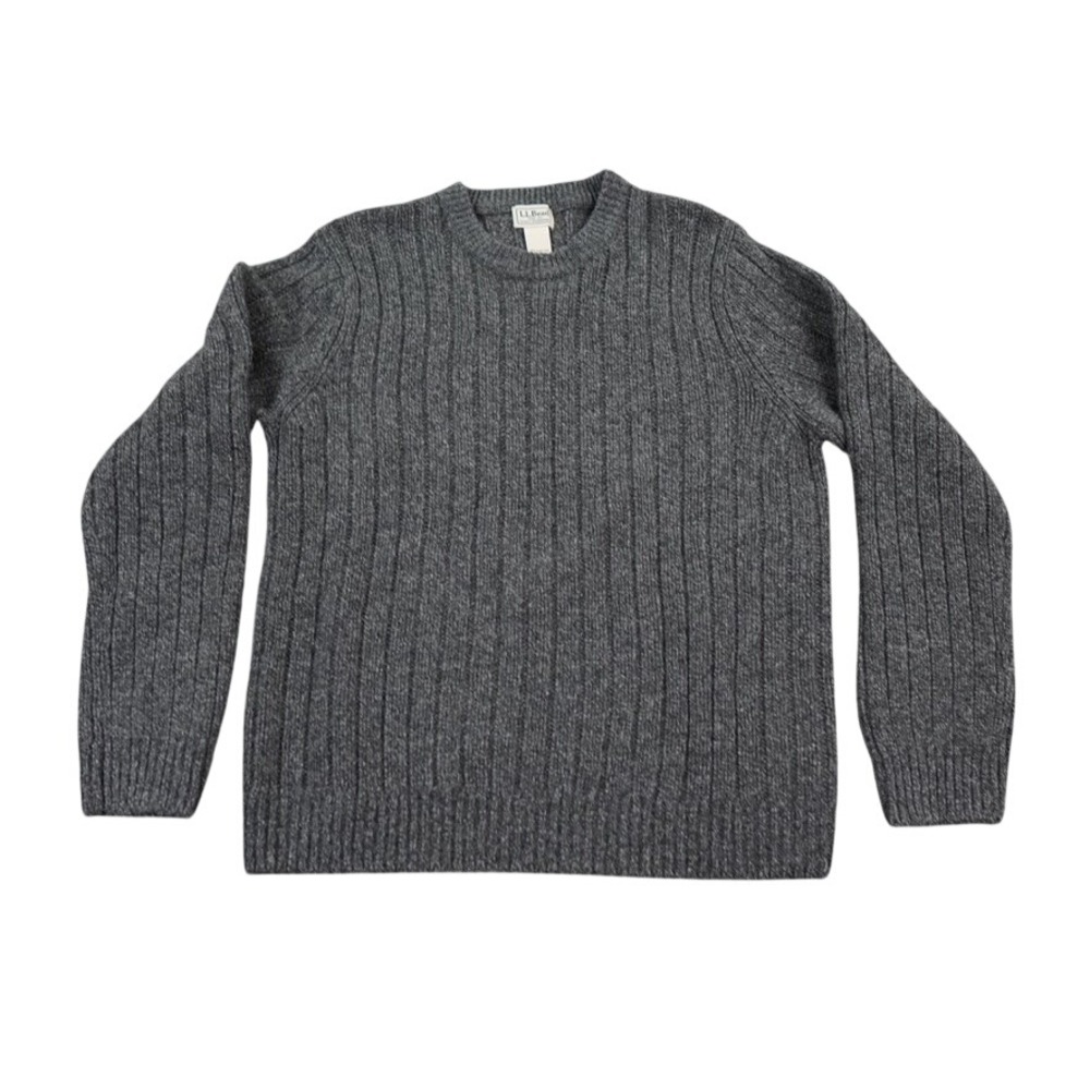 LL Bean Lambswool Sweater Mens Medium Gray Ribbed Heavy Knit Crewneck Pullover